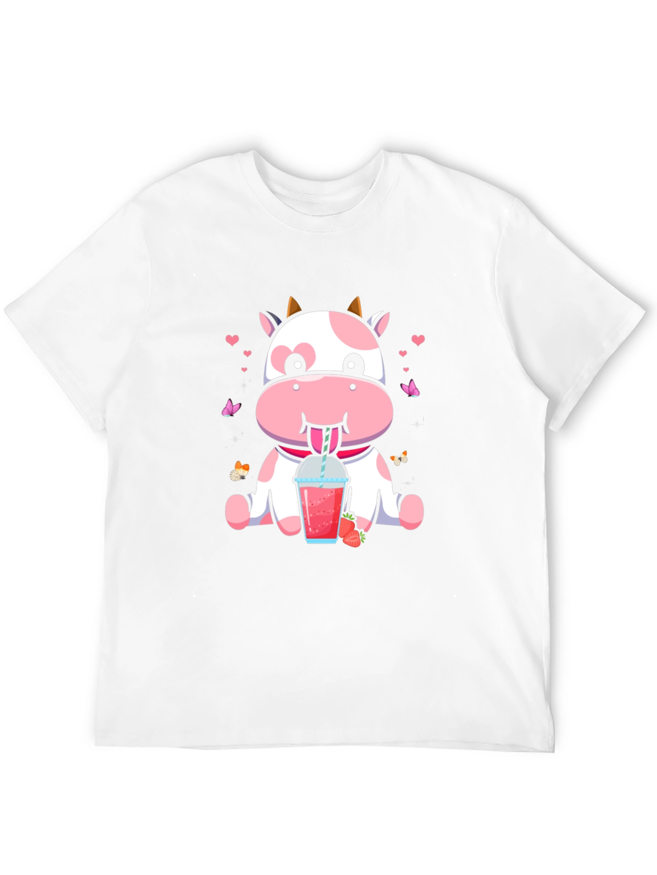Cute Cow Strawberry Drink Black T-Shirt