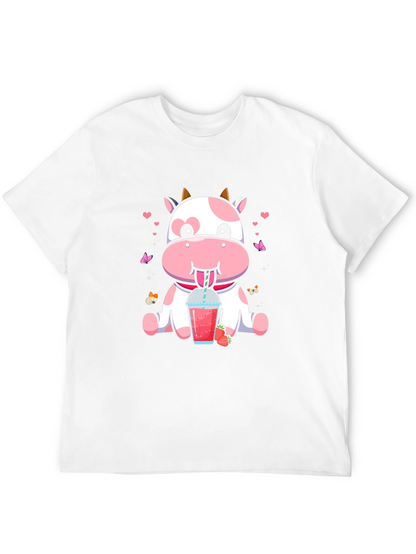 Cute Cow Strawberry Drink Black T-Shirt