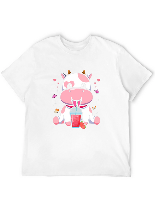Cute Cow Strawberry Drink Black T-Shirt