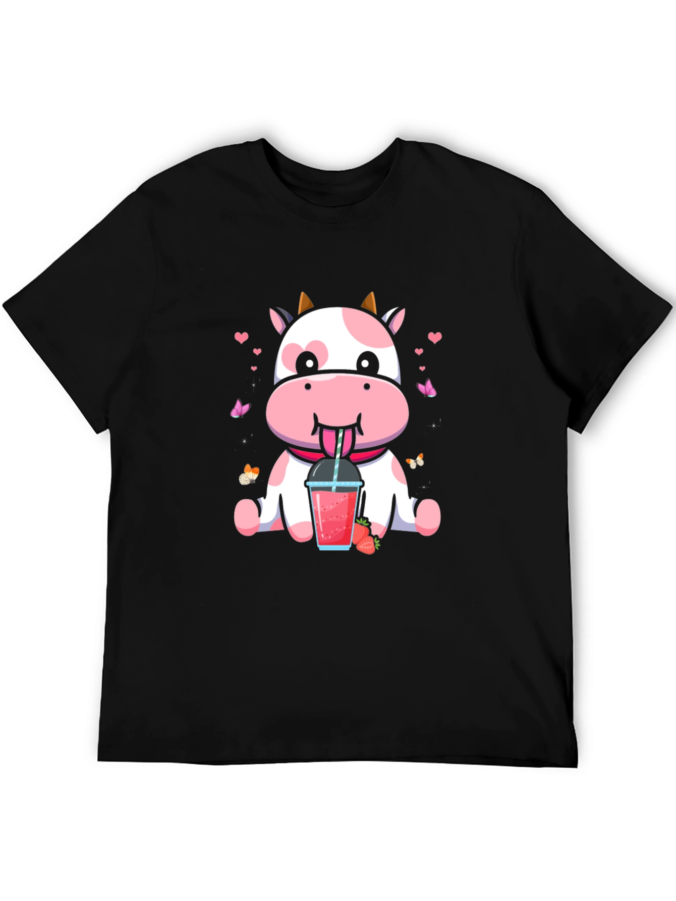 Cute Cow Strawberry Drink Black T-Shirt