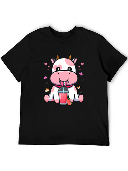 Cute Cow Strawberry Drink Black T-Shirt