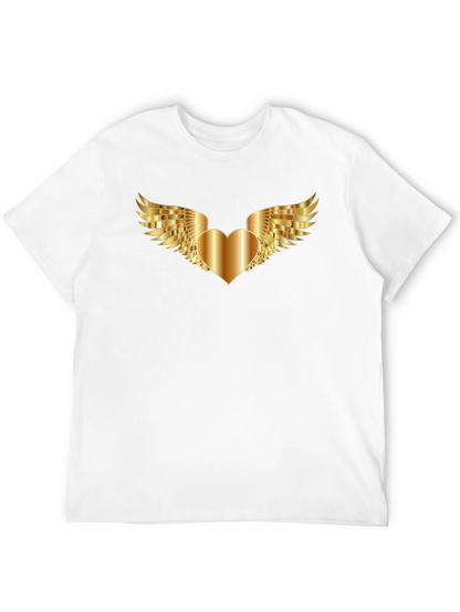 Black T-Shirt with Golden Heart Wings Graphic