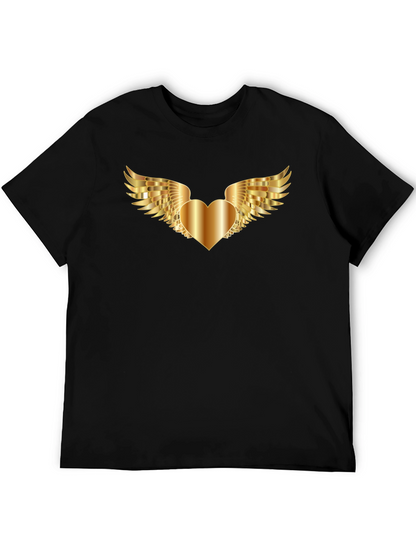 Black T-Shirt with Golden Heart Wings Graphic