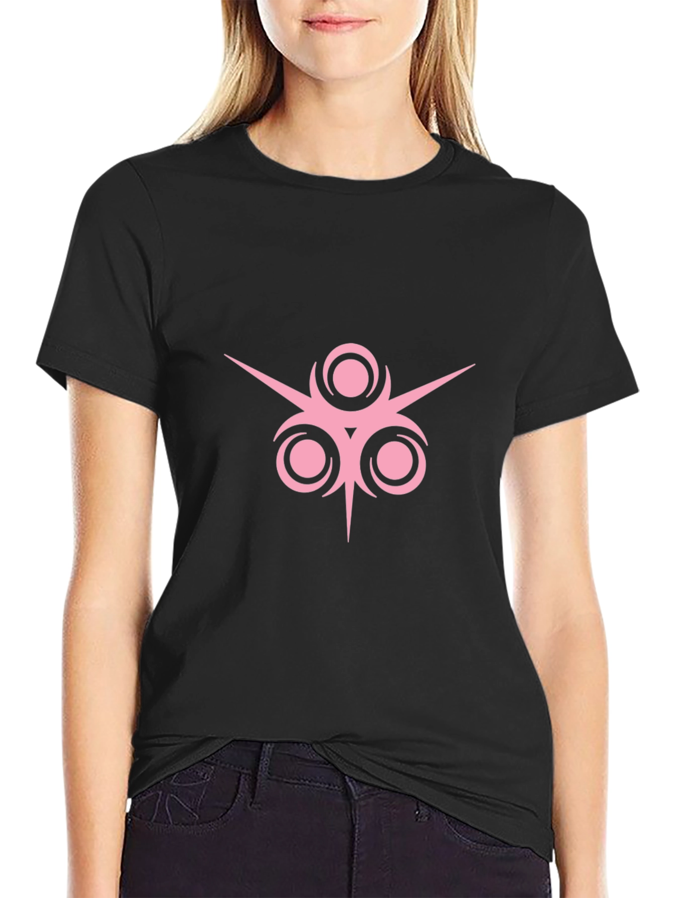 Black T-Shirt with Pink Geometric Design