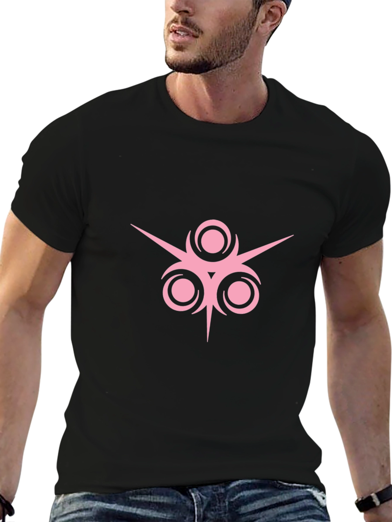 Black T-Shirt with Pink Geometric Design