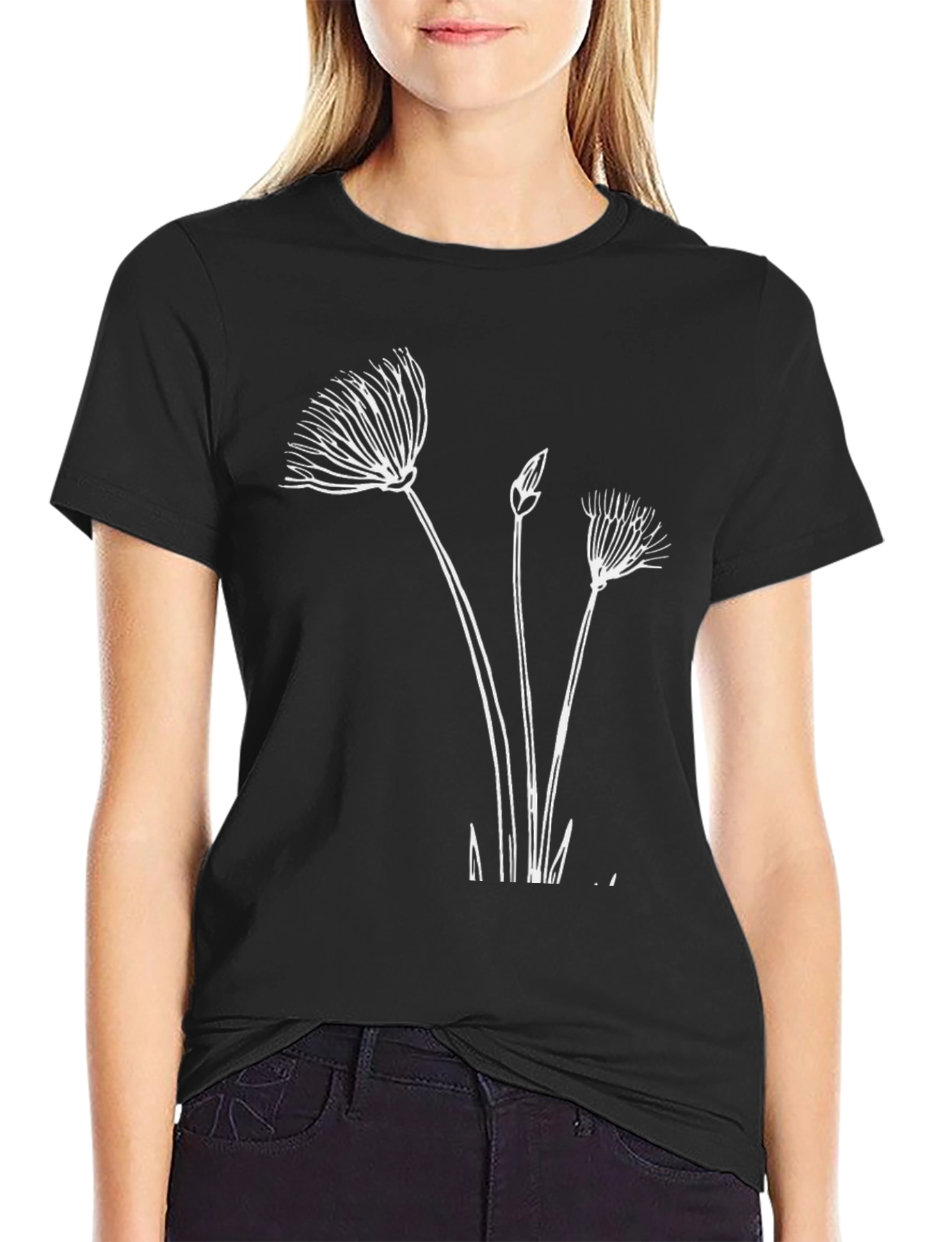 Black T-Shirt with Botanical Graphic