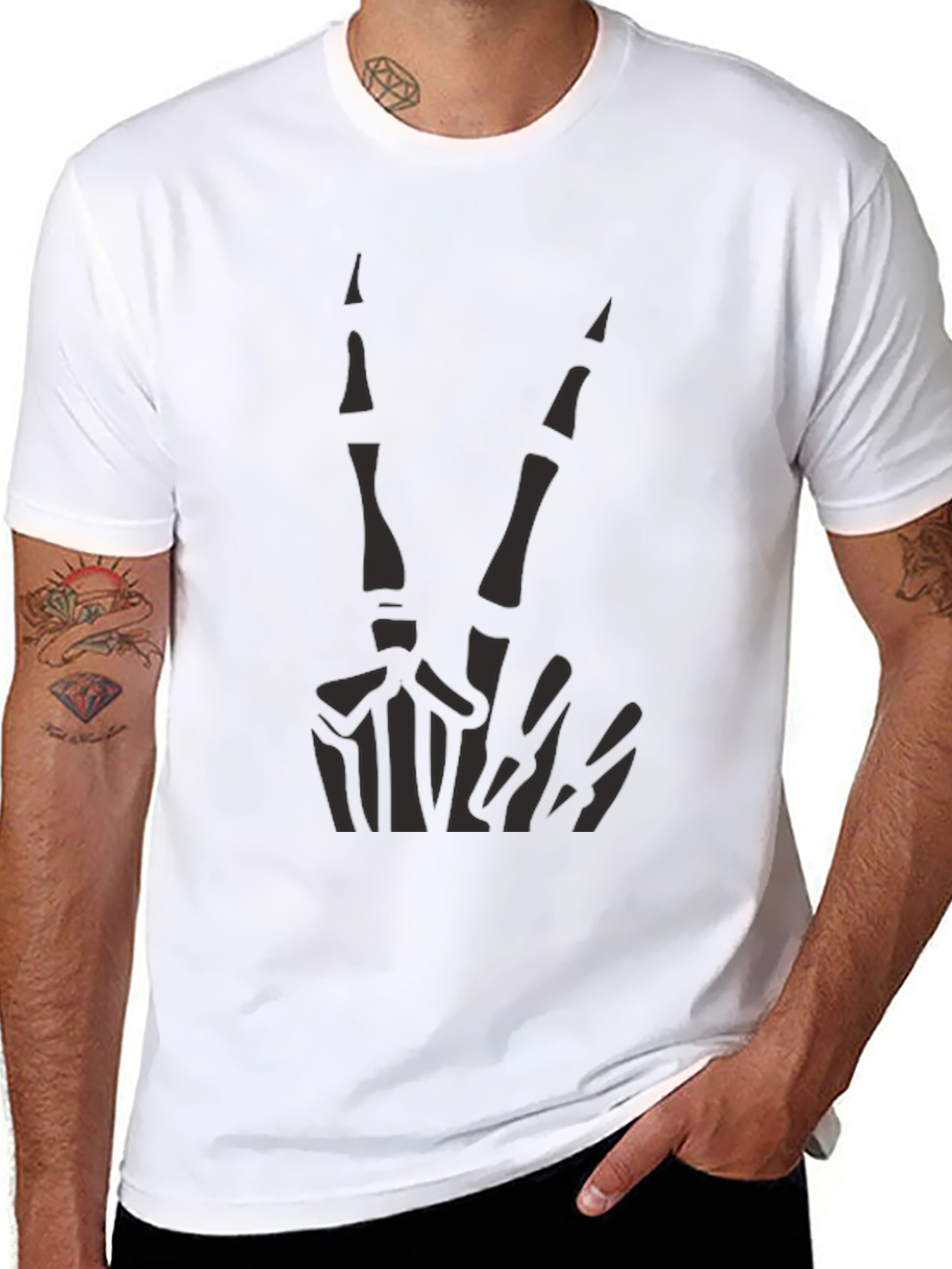 Skeleton Peace Sign Graphic Tee - Black Cotton Casual