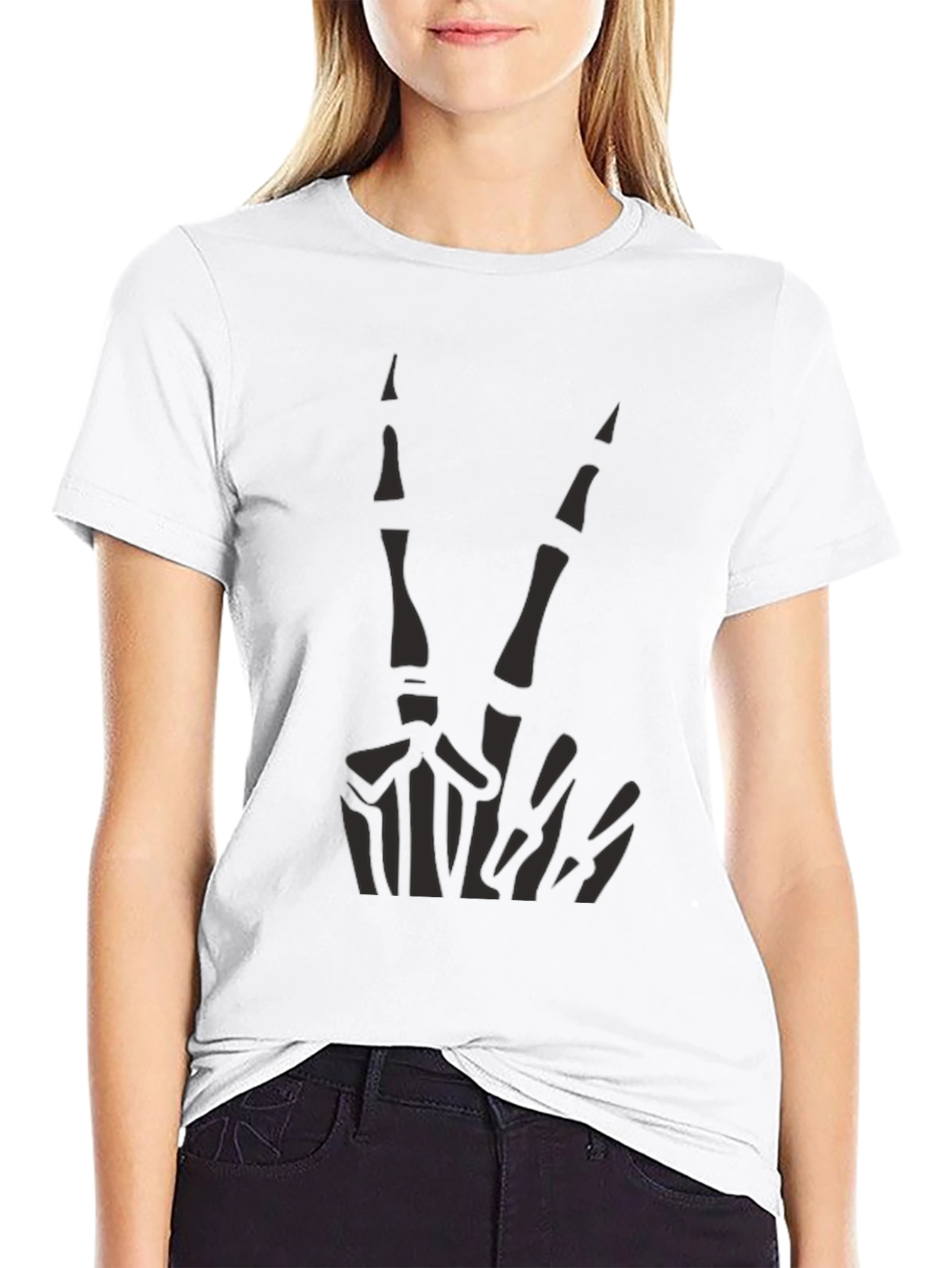 Skeleton Peace Sign Graphic Tee - Black Cotton Casual