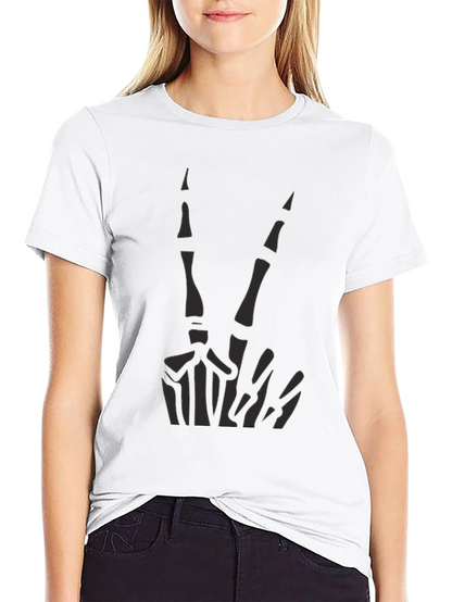 Skeleton Peace Sign Graphic Tee - Black Cotton Casual