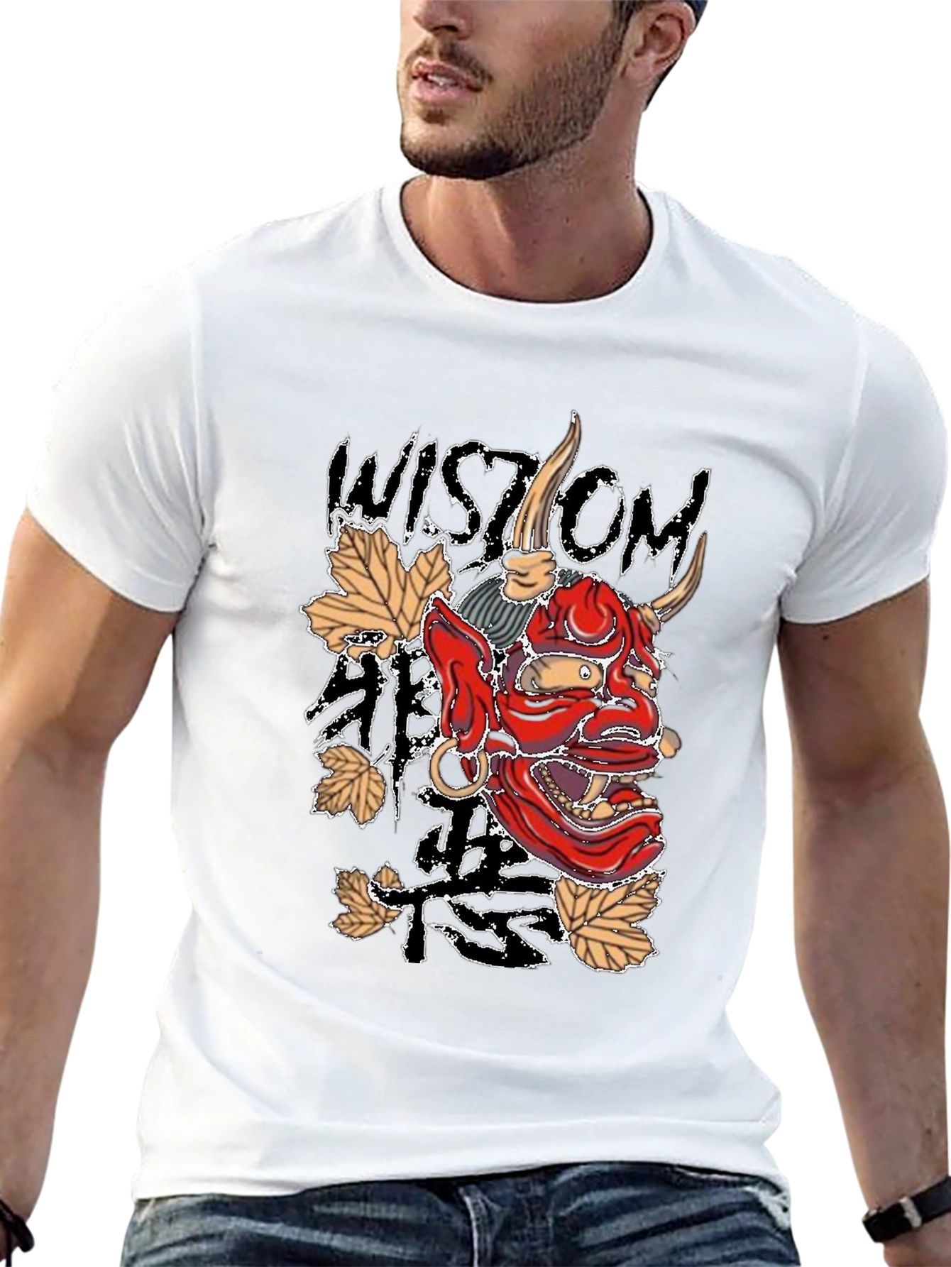 Mens Black Wisdom Oni Mask Graphic T-Shirt