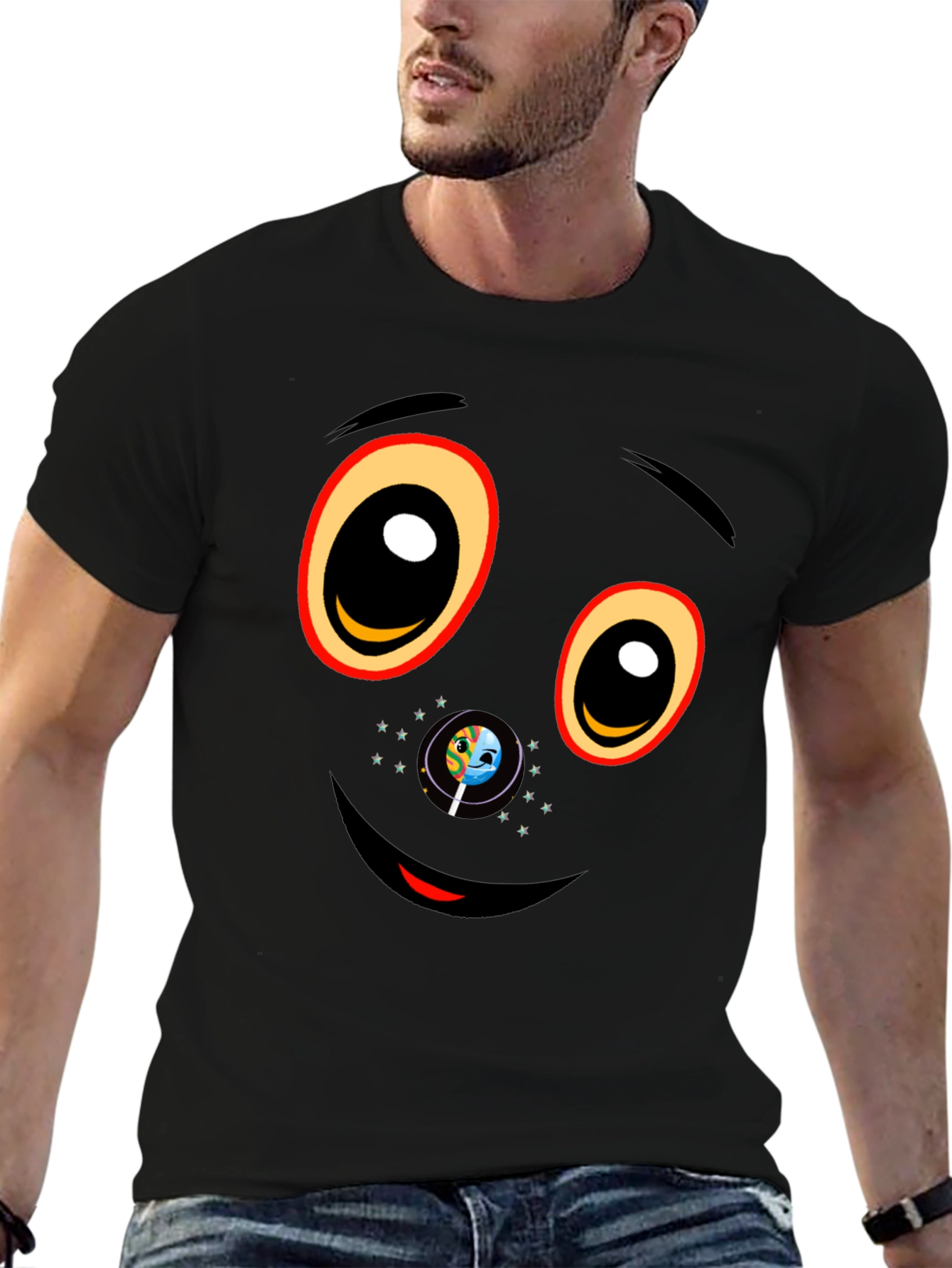 Black Graphic T-Shirt with Face Design