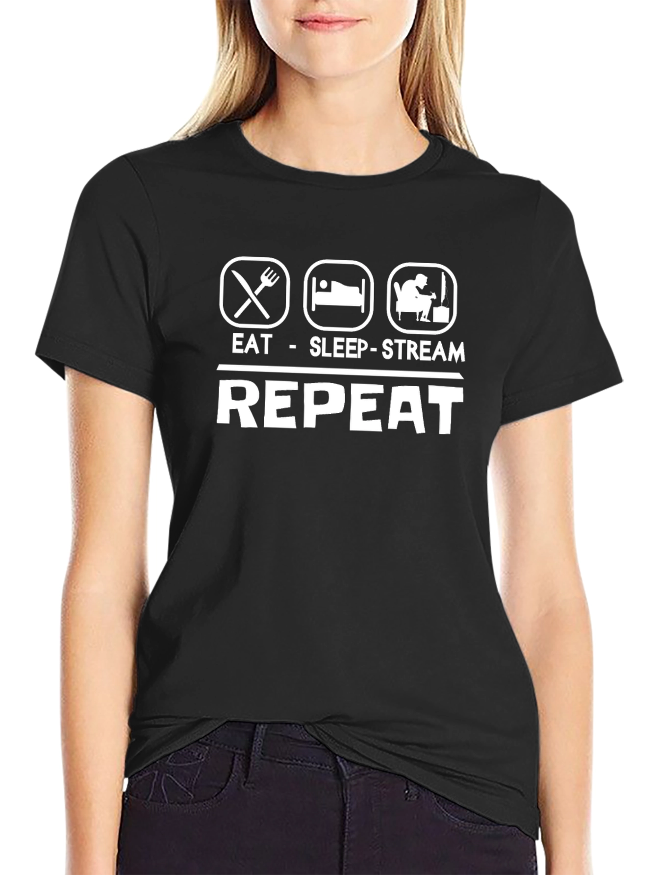 Eat Sleep Stream Repeat Black Graphic T-Shirt