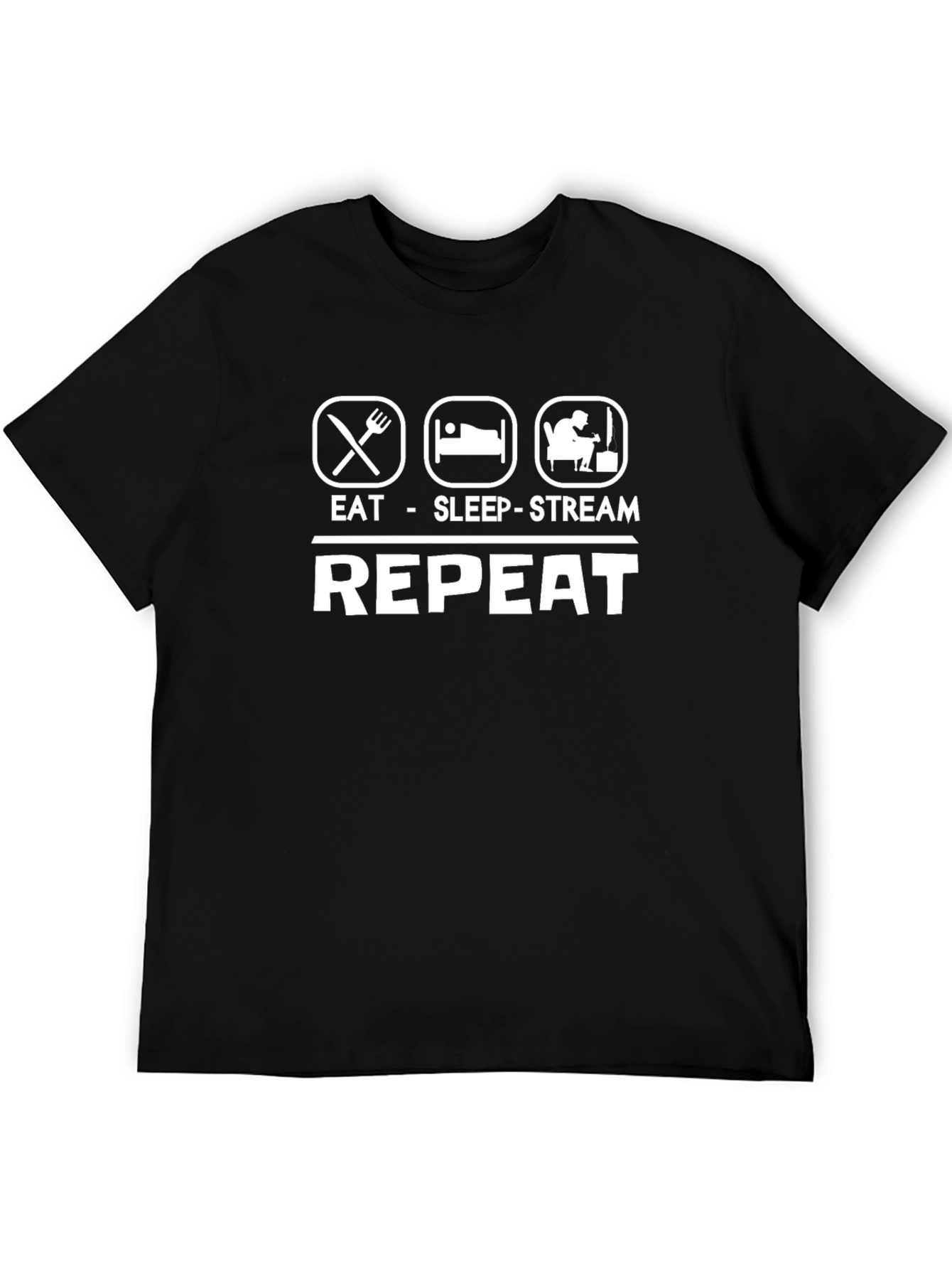 Eat Sleep Stream Repeat Black Graphic T-Shirt