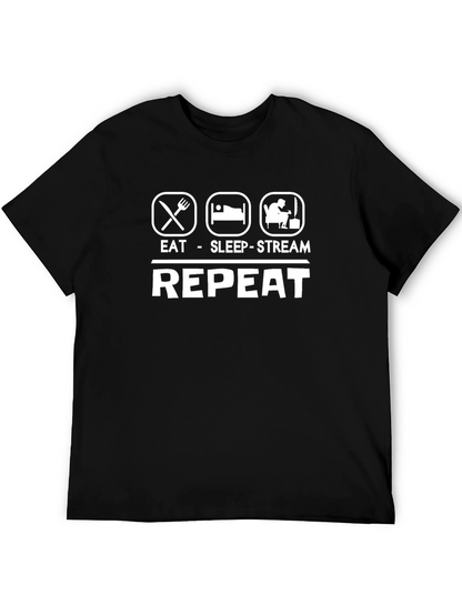 Eat Sleep Stream Repeat Black Graphic T-Shirt