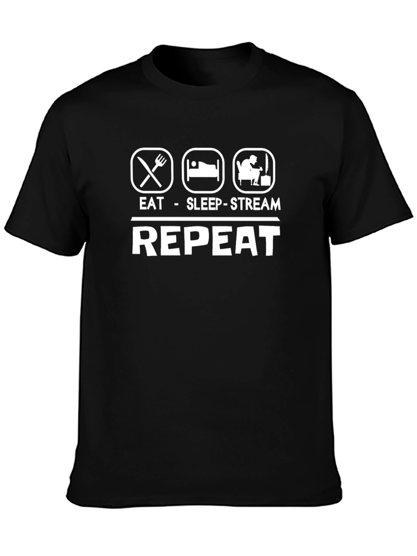 Eat Sleep Stream Repeat Black Graphic T-Shirt