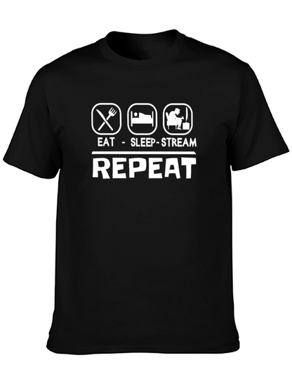 Eat Sleep Stream Repeat Black Graphic T-Shirt