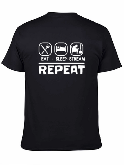 Eat Sleep Stream Repeat Black Graphic T-Shirt