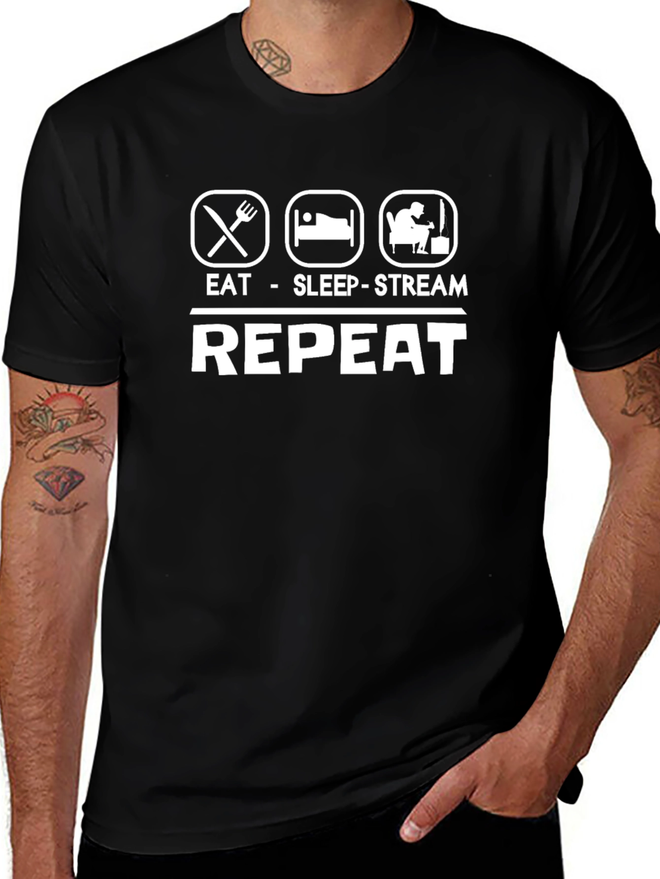 Eat Sleep Stream Repeat Black Graphic T-Shirt