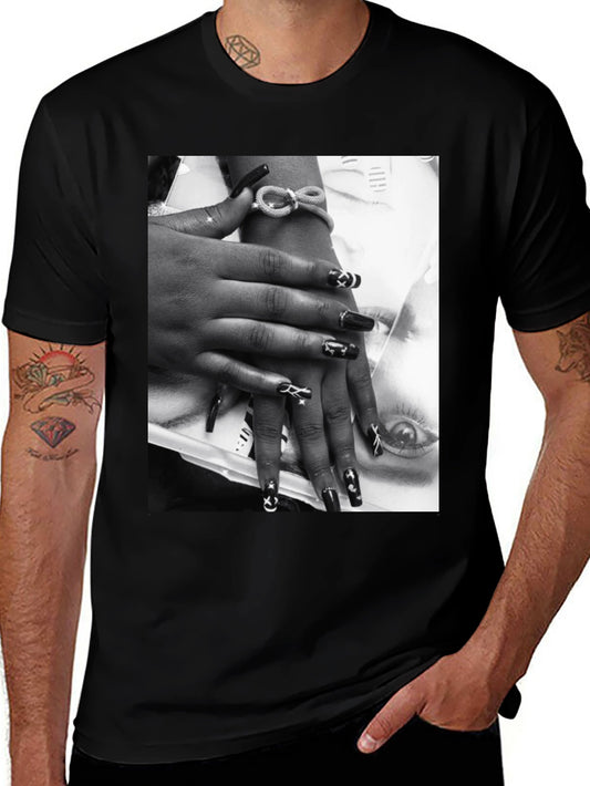Trendy Black T-Shirt with Edgy Nail Art Print