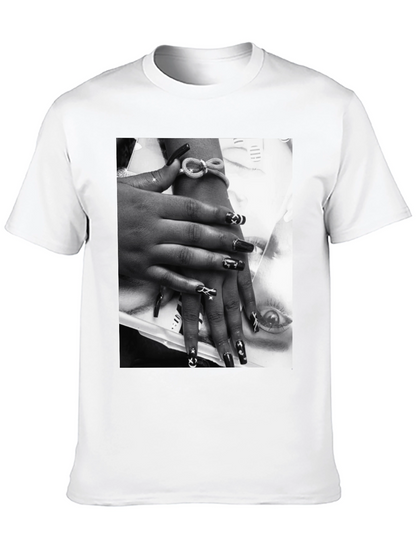 Trendy Black T-Shirt with Edgy Nail Art Print