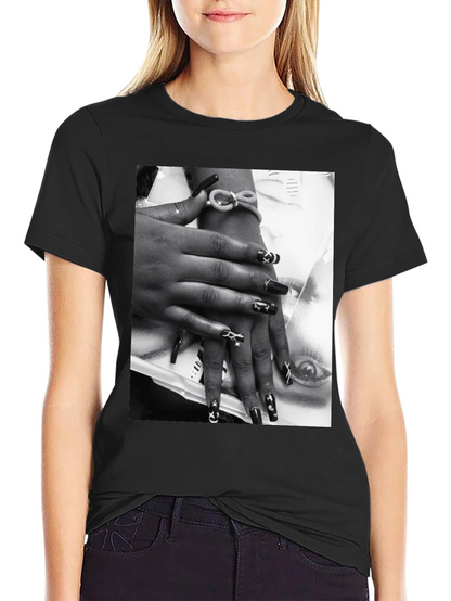 Trendy Black T-Shirt with Edgy Nail Art Print