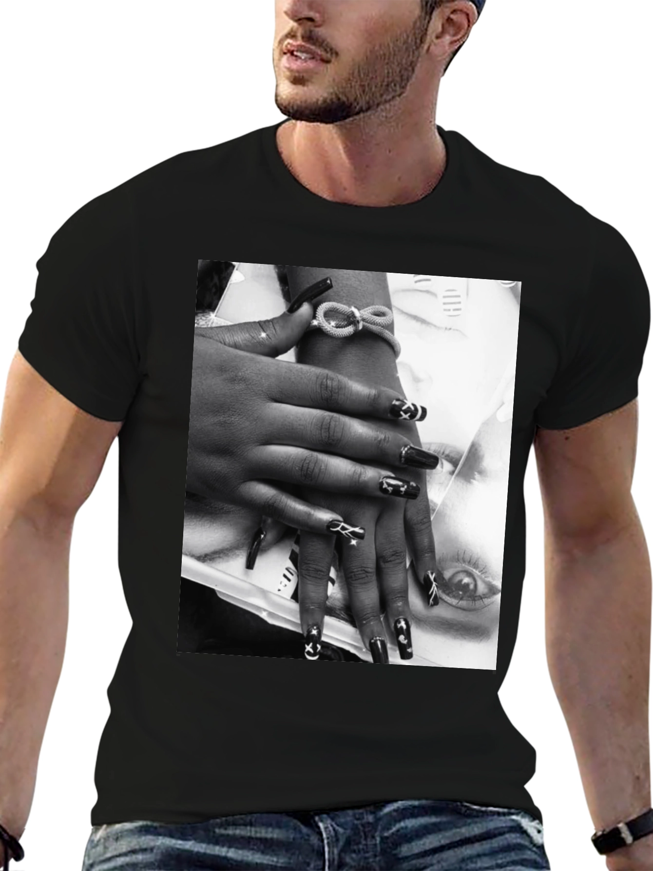 Trendy Black T-Shirt with Edgy Nail Art Print