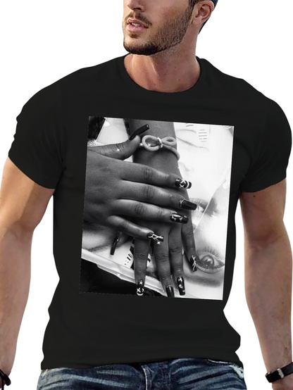 Trendy Black T-Shirt with Edgy Nail Art Print