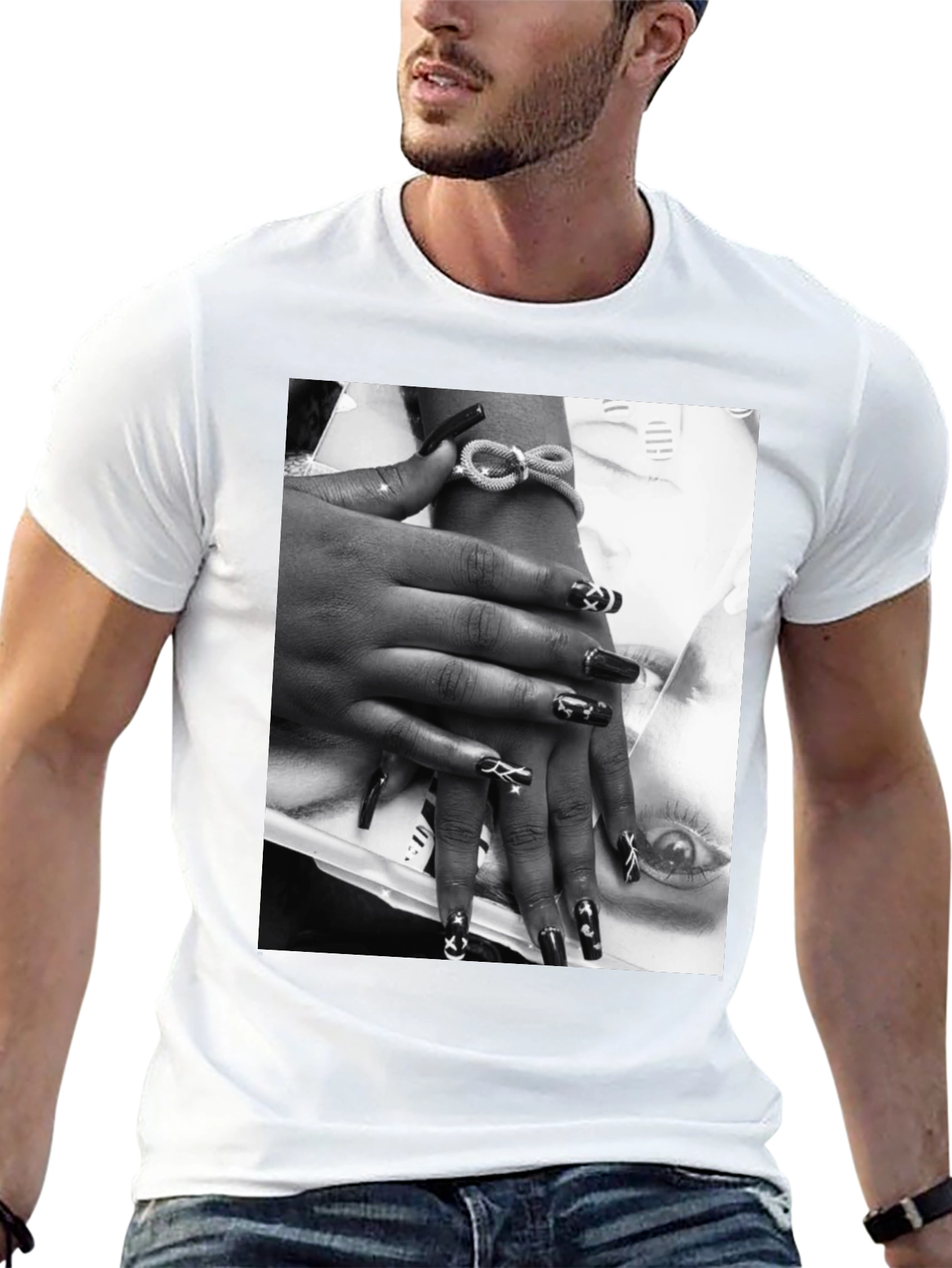 Trendy Black T-Shirt with Edgy Nail Art Print