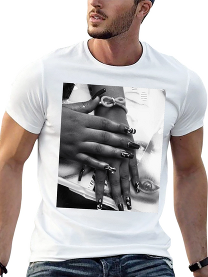 Trendy Black T-Shirt with Edgy Nail Art Print