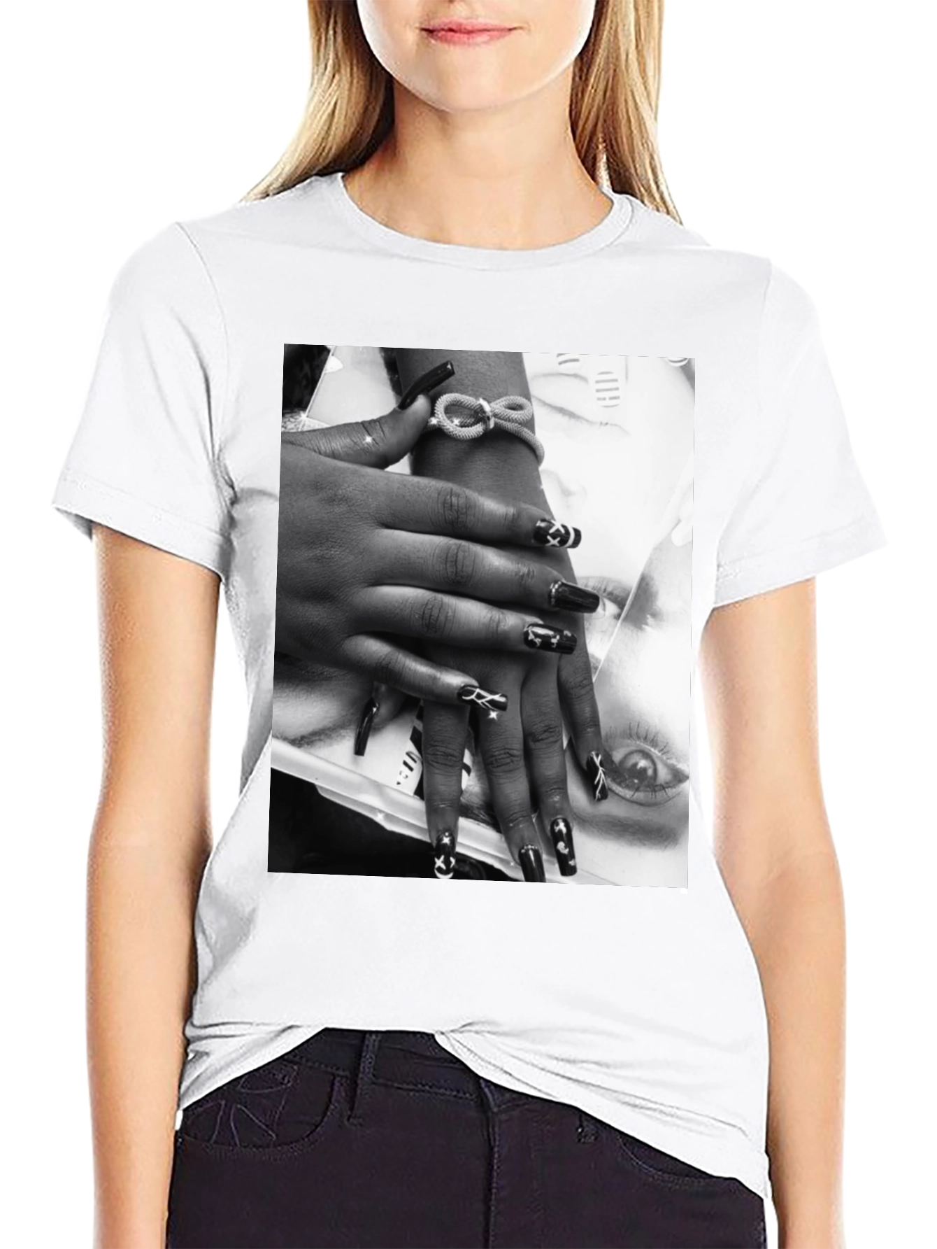 Trendy Black T-Shirt with Edgy Nail Art Print