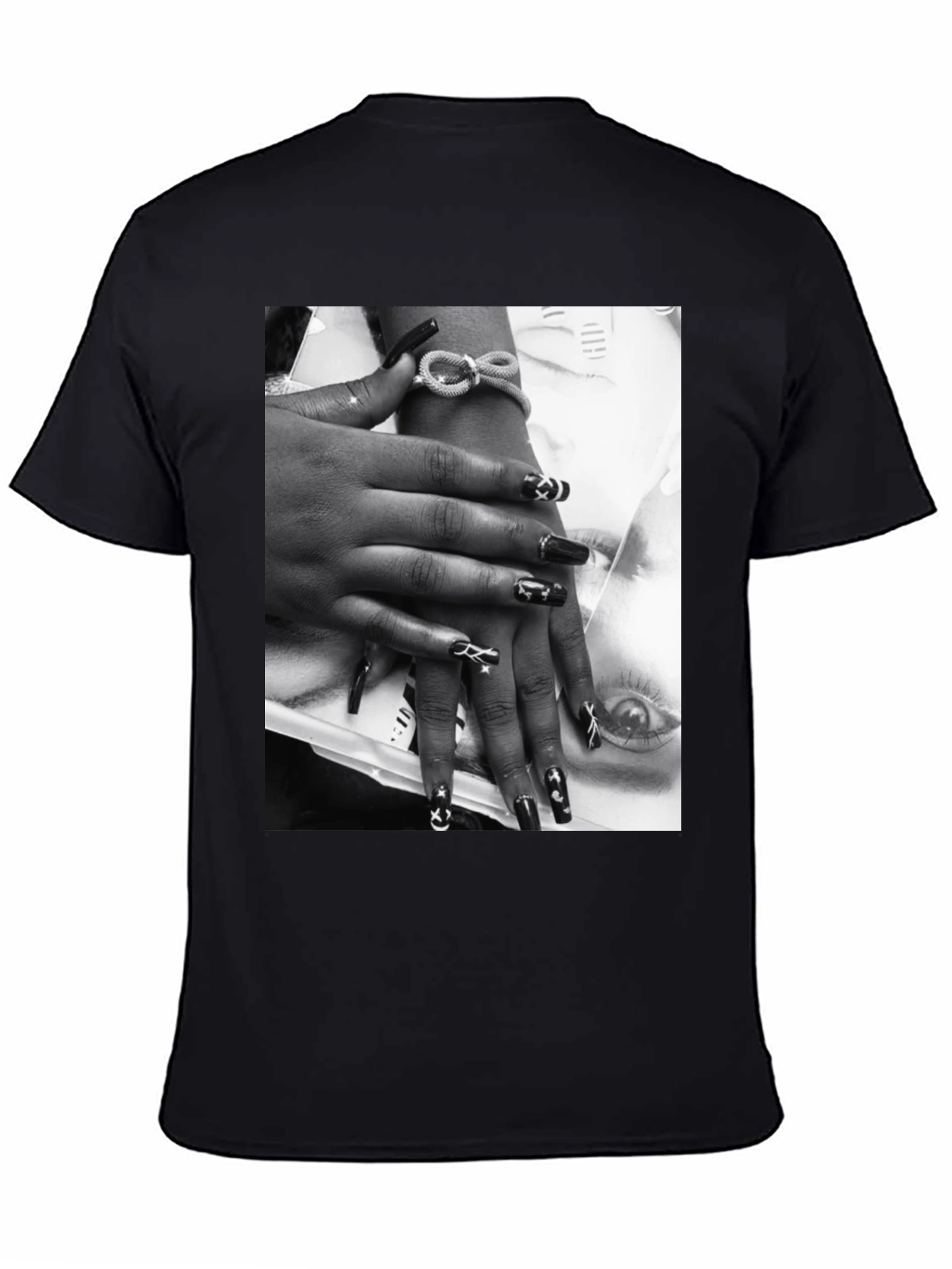 Trendy Black T-Shirt with Edgy Nail Art Print