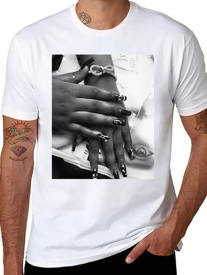 Trendy Black T-Shirt with Edgy Nail Art Print