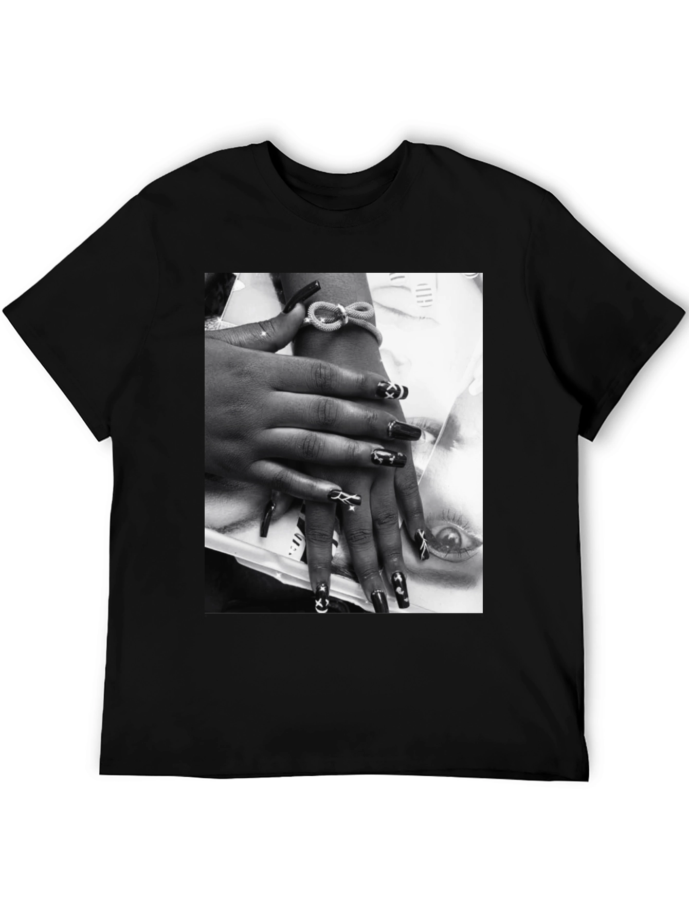 Trendy Black T-Shirt with Edgy Nail Art Print