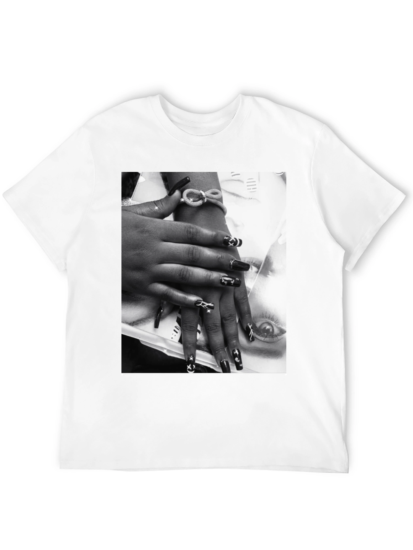 Trendy Black T-Shirt with Edgy Nail Art Print