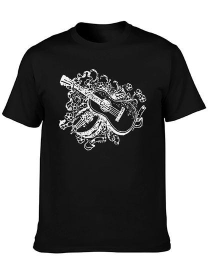 Guitar Floral Graphic Tee - Black Casual Shirt