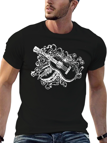 Guitar Floral Graphic Tee - Black Casual Shirt