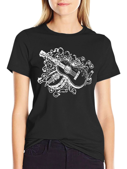 Guitar Floral Graphic Tee - Black Casual Shirt