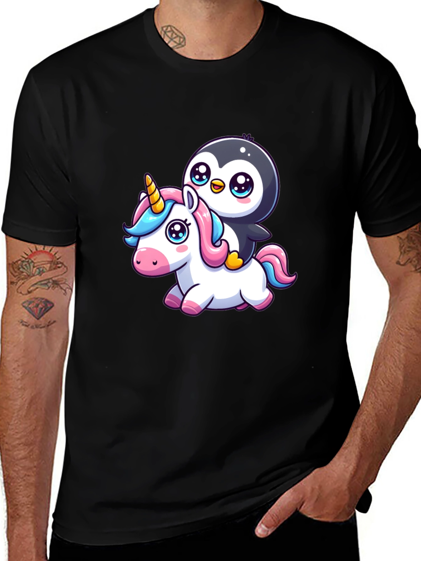 Penguin Riding Unicorn Graphic Tee