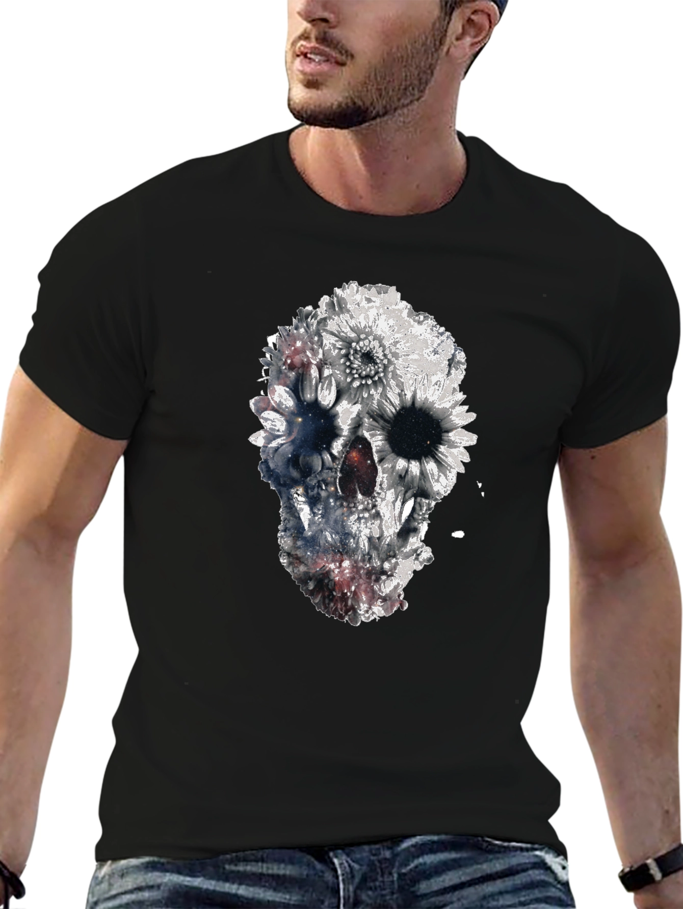 Floral Skull Graphic Black T-Shirt