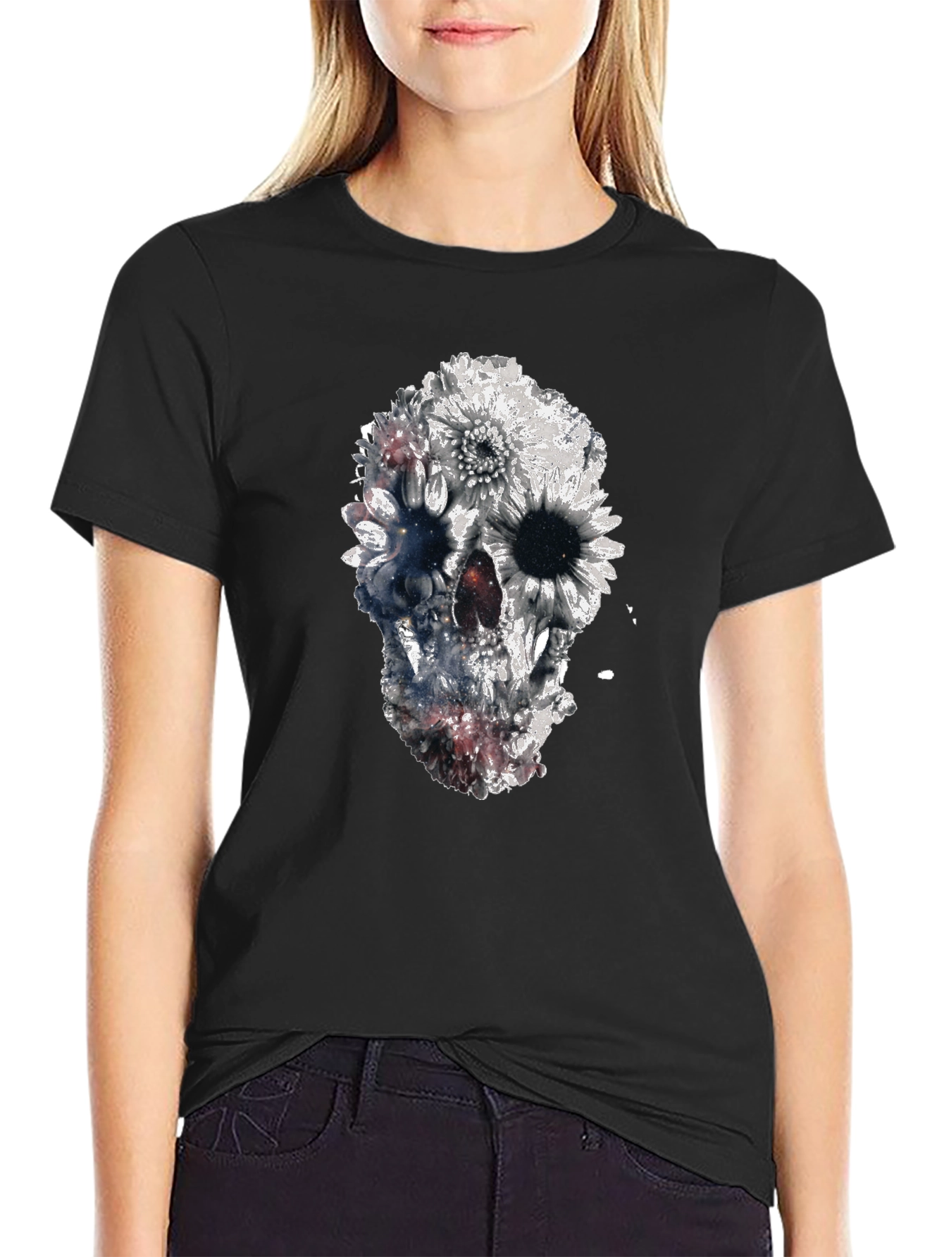 Floral Skull Graphic Black T-Shirt