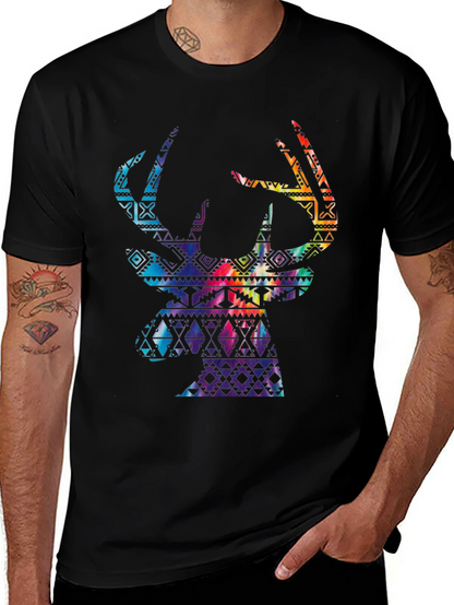 Stylish Mens Black T-Shirt with Deer Graphic