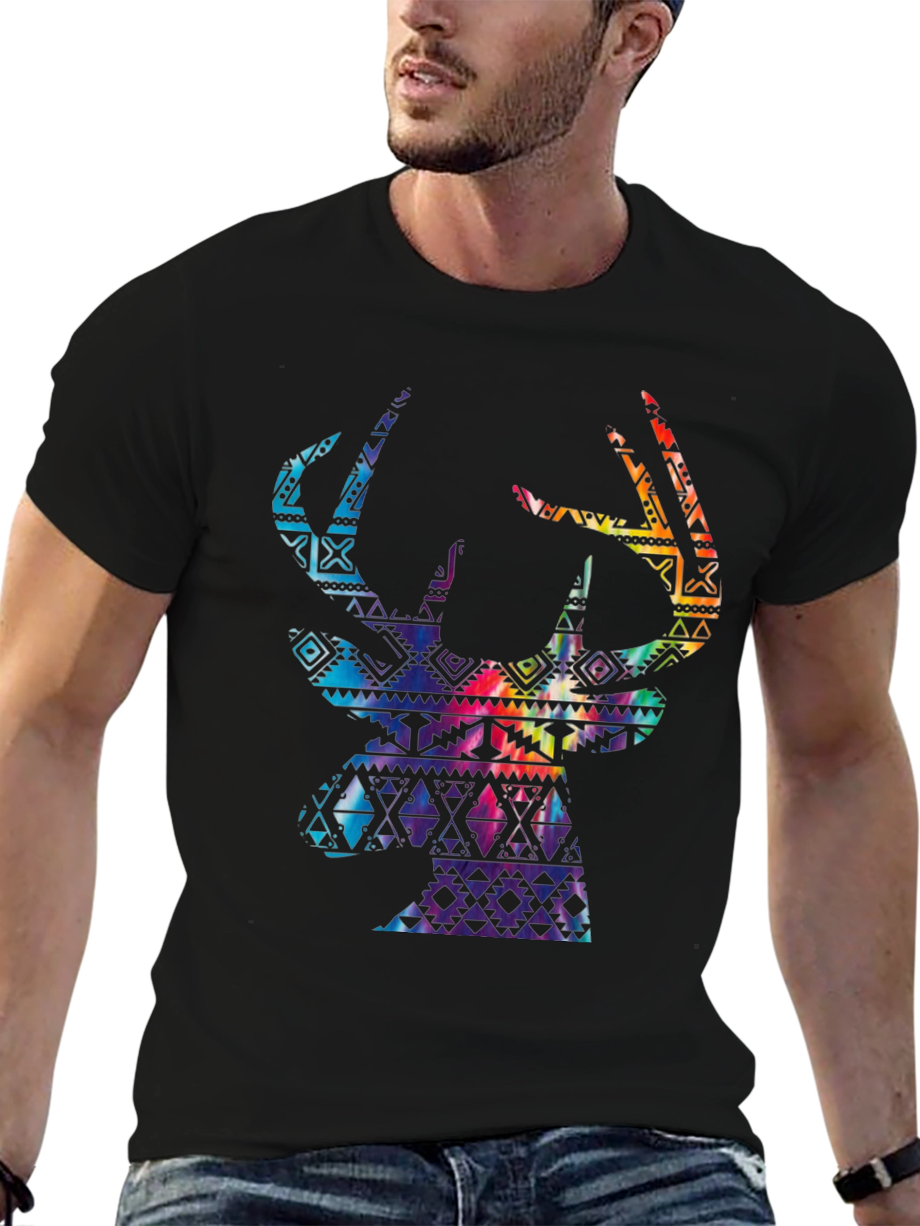 Stylish Mens Black T-Shirt with Deer Graphic