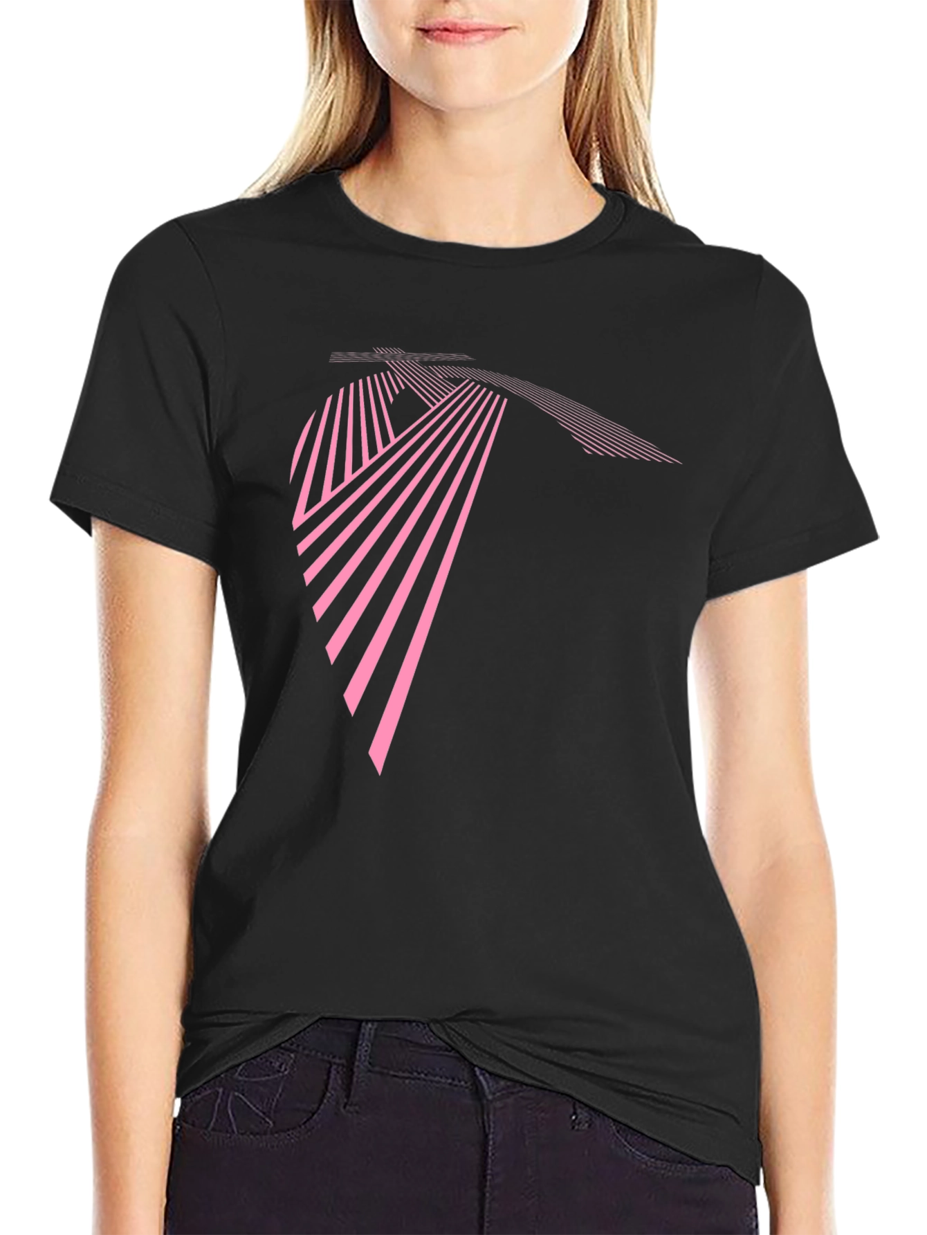Modern Geometric Pink Line Art Black T-Shirt