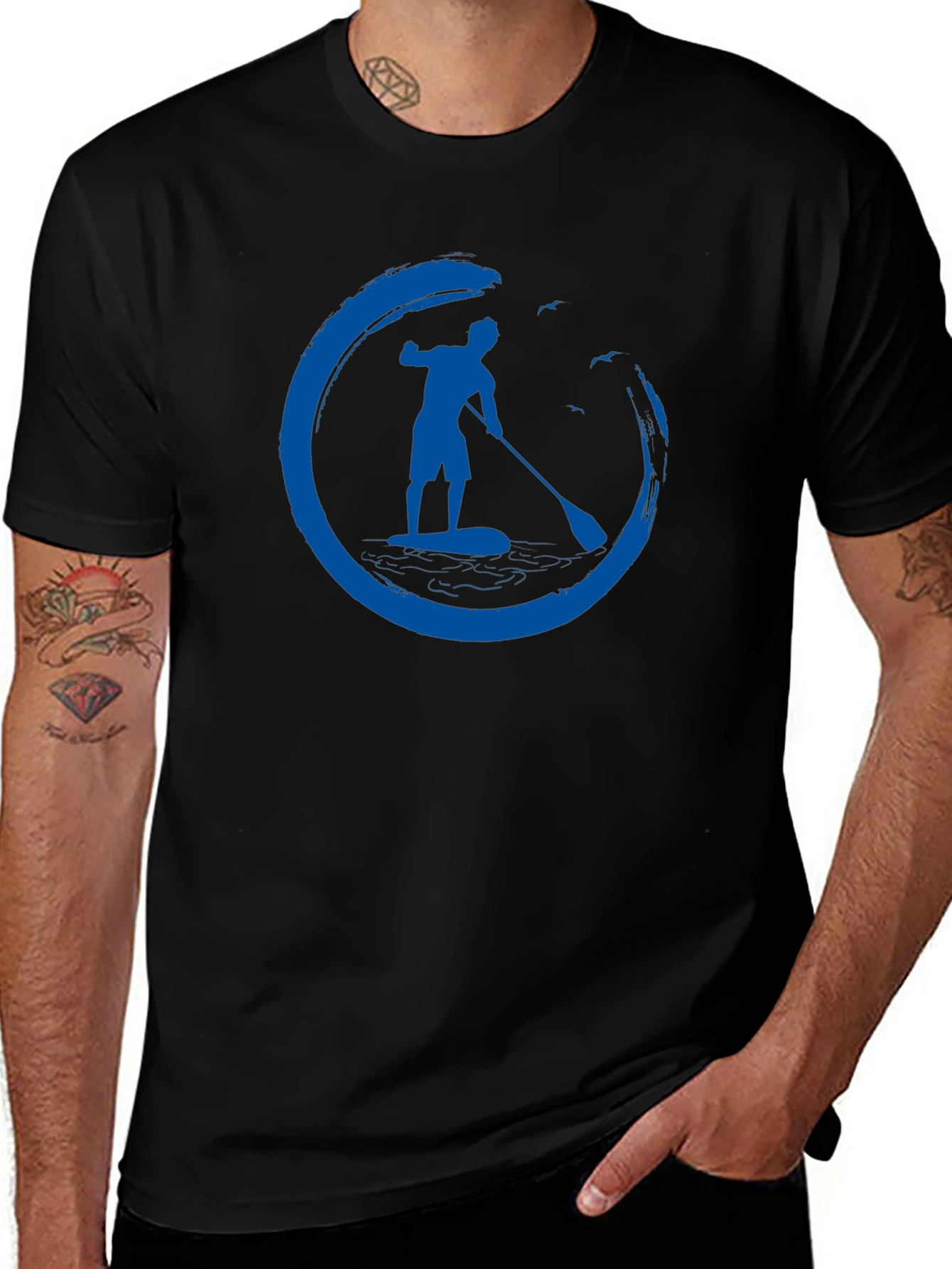 Mens Black T-Shirt with Paddle Board Design