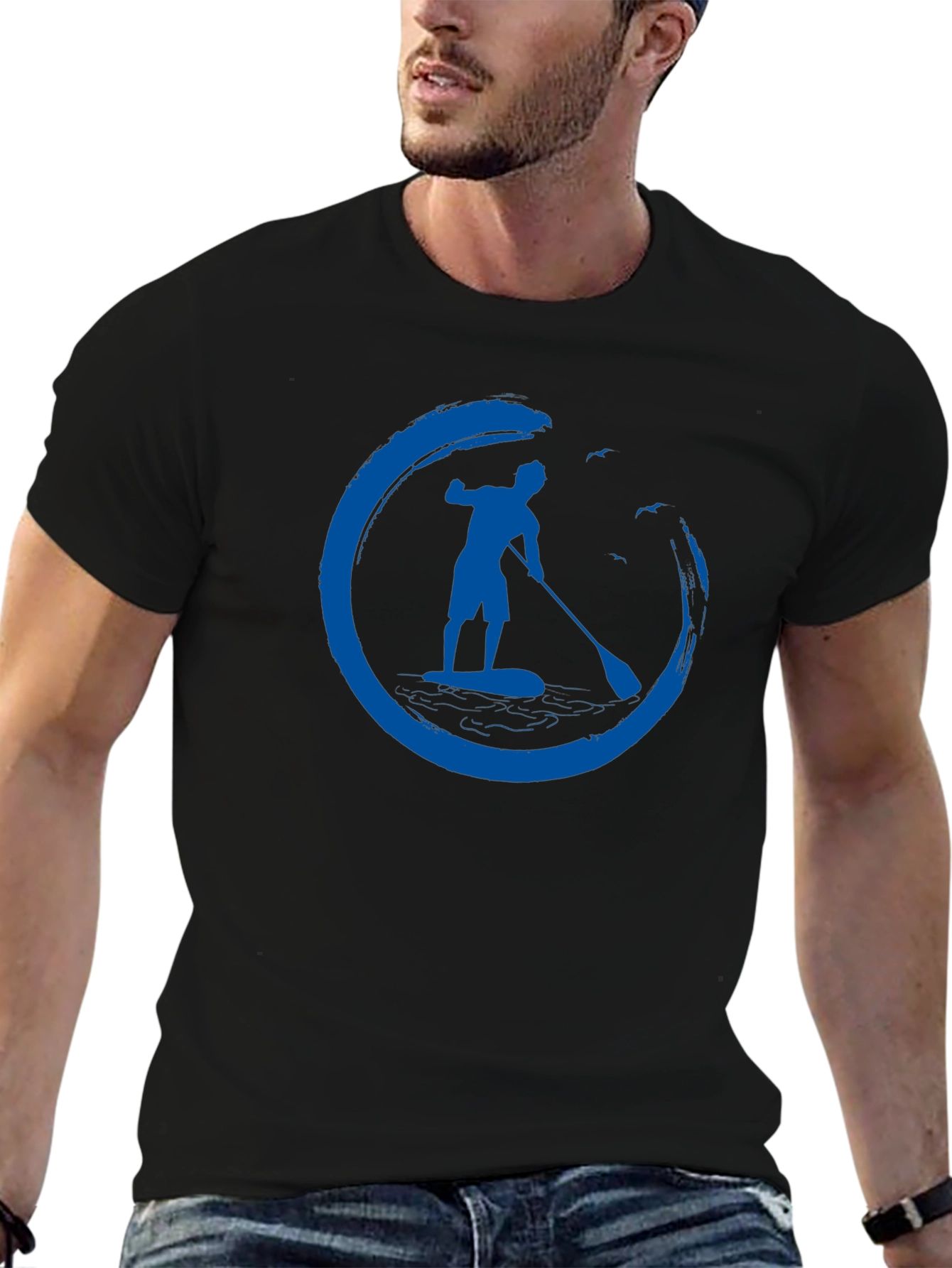 Mens Black T-Shirt with Paddle Board Design