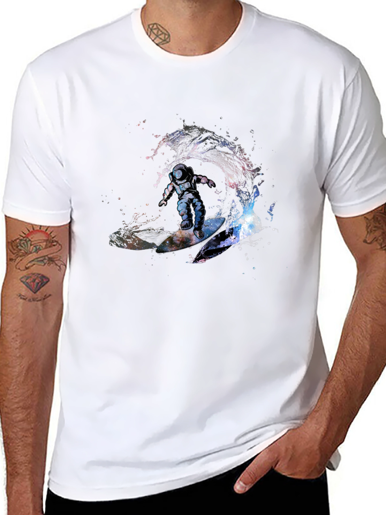 Astronaut Surfing Wave T-Shirt - Outer Space Design