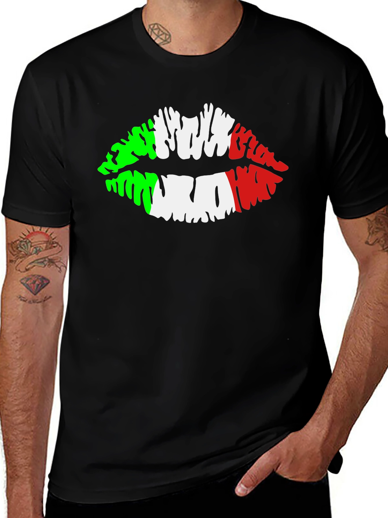 Italian Flag Lips Graphic Black T-Shirt