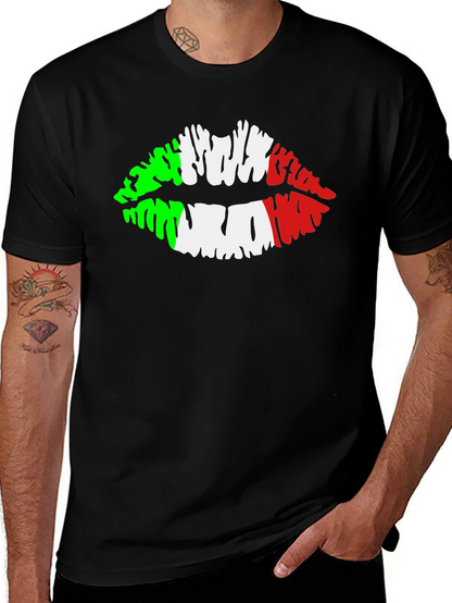 Italian Flag Lips Graphic Black T-Shirt