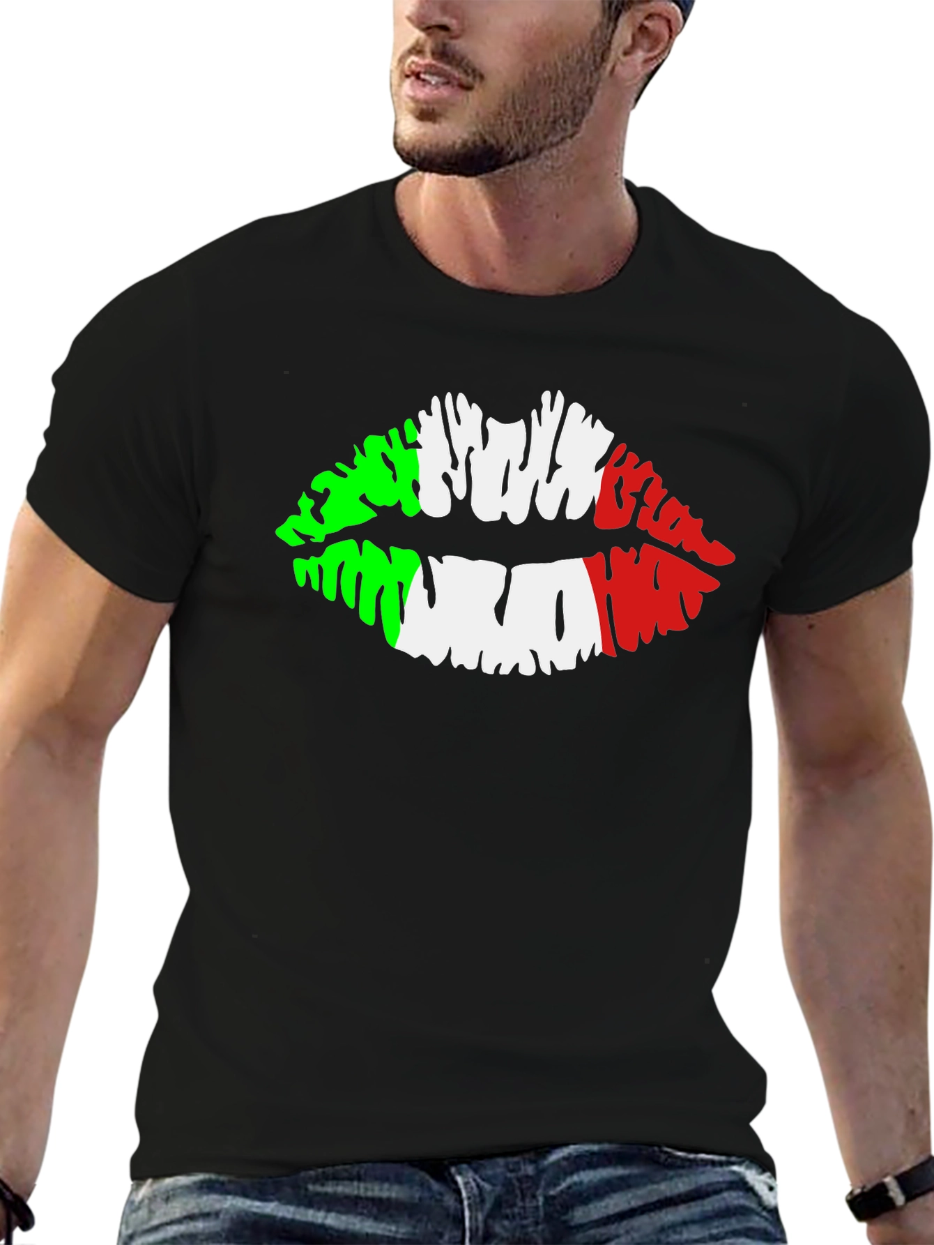 Italian Flag Lips Graphic Black T-Shirt