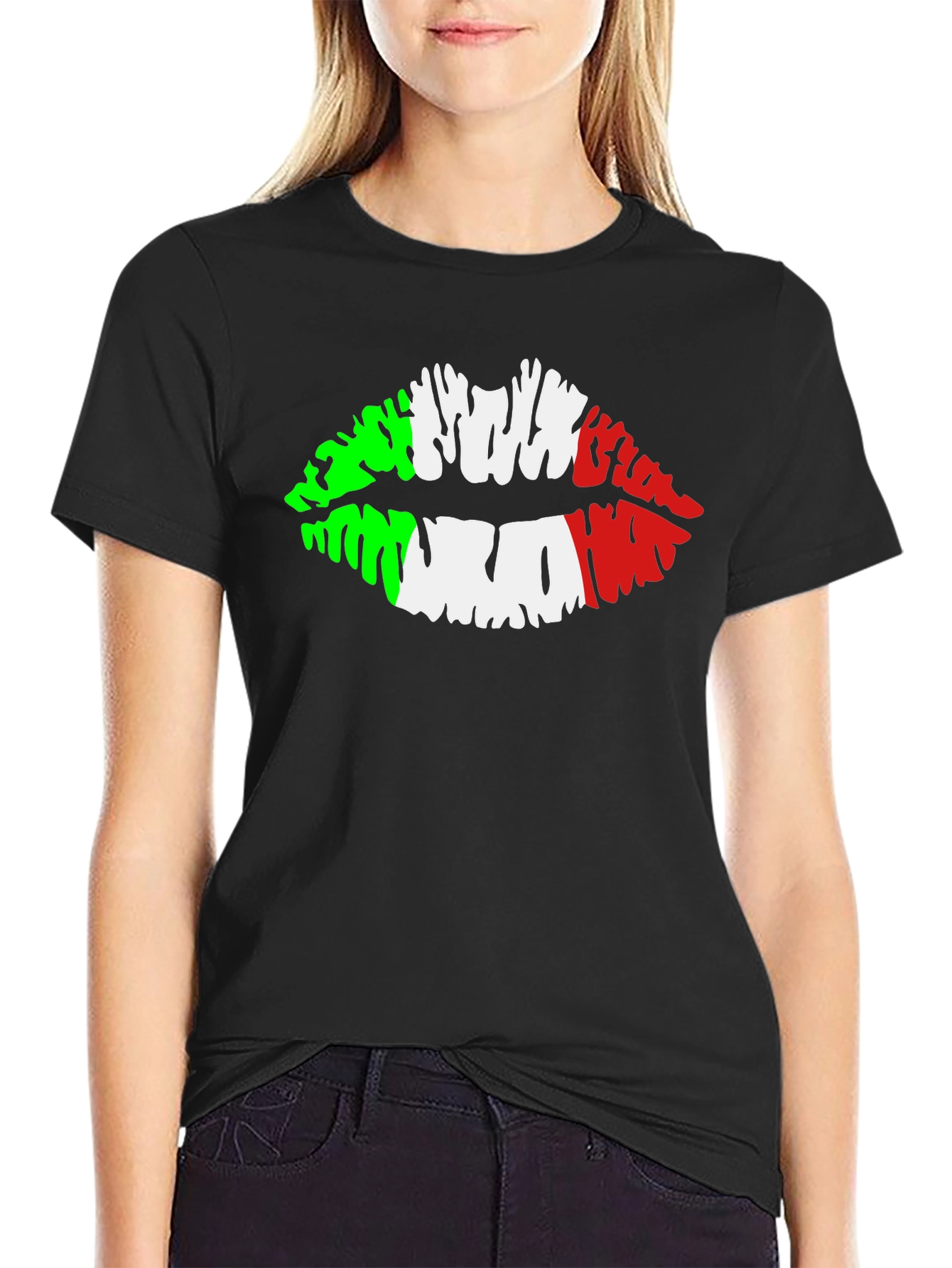 Italian Flag Lips Graphic Black T-Shirt